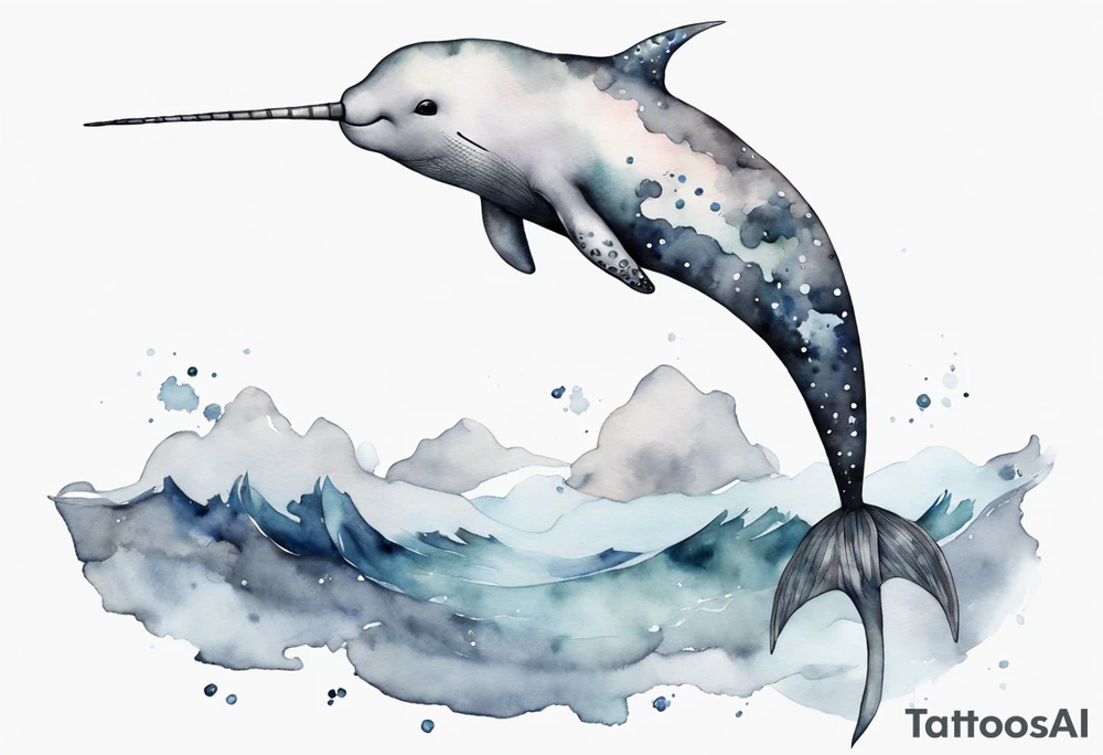 a melancholy watercolor painting of a realistic narwhal swimming in a grey ocean tattoo idea