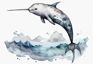 a melancholy watercolor painting of a realistic narwhal swimming in a grey ocean tattoo idea
