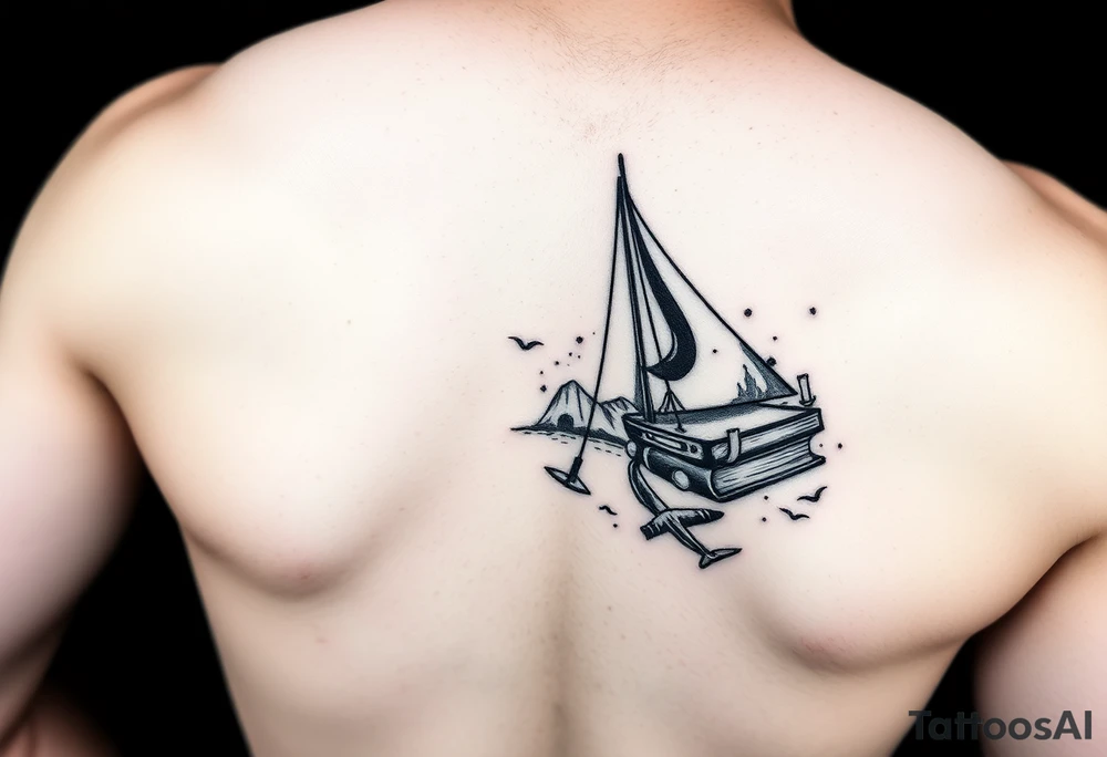 A black and white tattoo that will go on side of the wrist. This is for someone who loves ocean, travel and books. tattoo idea