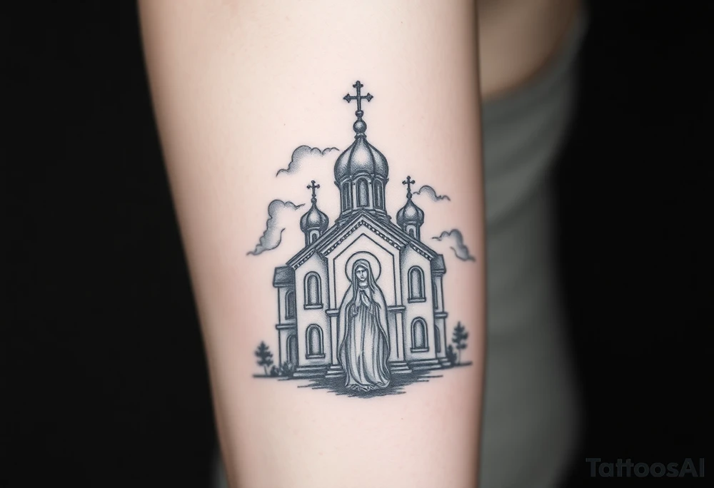 in a dorsal view a orthodox church shrouded with a mist above and fading into a virgin mary overlooking tattoo idea