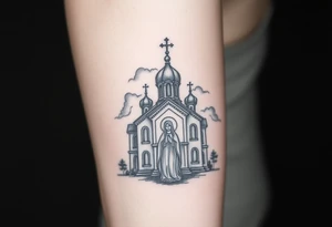in a dorsal view a orthodox church shrouded with a mist above and fading into a virgin mary overlooking tattoo idea