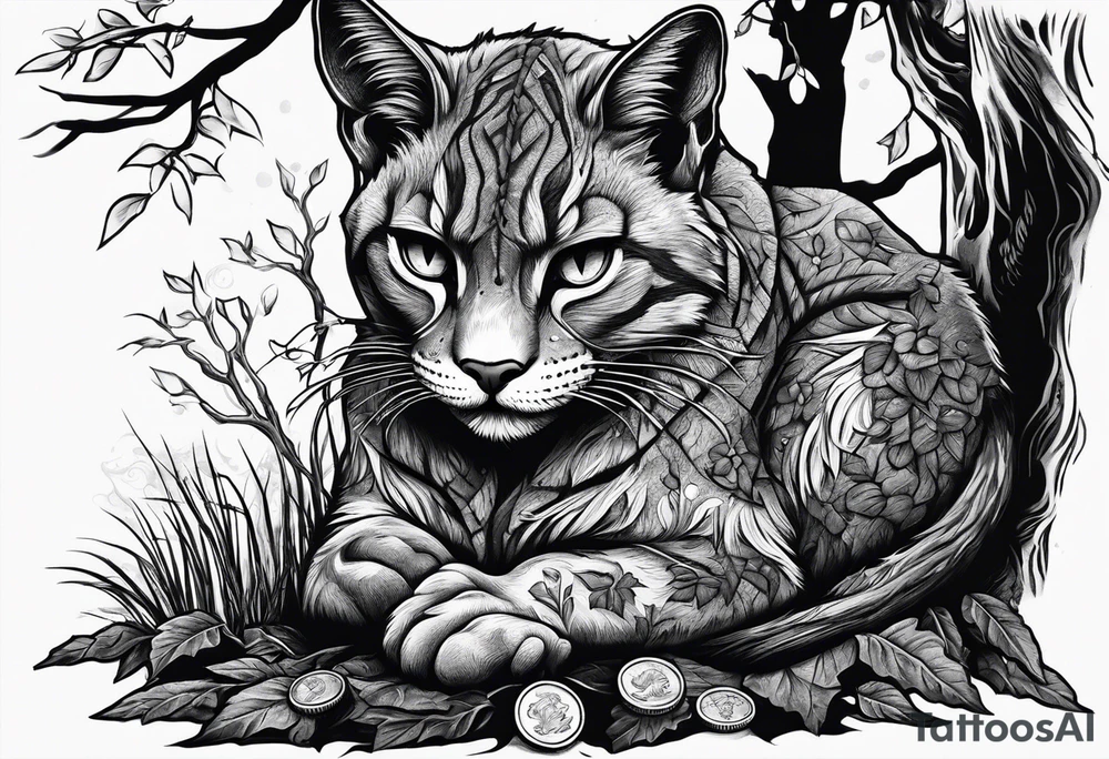 Khajiit sitting under an oak tree with a dagger and coin purse tattoo idea