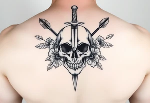 For the arm. High resolution. Realistic skull with dagger through the top of it. Surrounds by arrows, flowers and leaves. Symmetrical tattoo idea