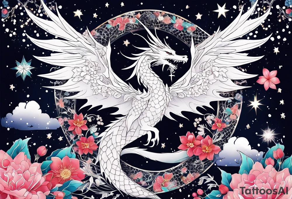 Constellation, wing , snow , cross , dragon female japan kawaii , flower tattoo idea