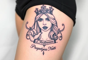 powerful blond findomme princess with crown on, making an “L” for loser with look of disgust on her face being pathetic with caption “Property of Princess Natti” tattoo idea