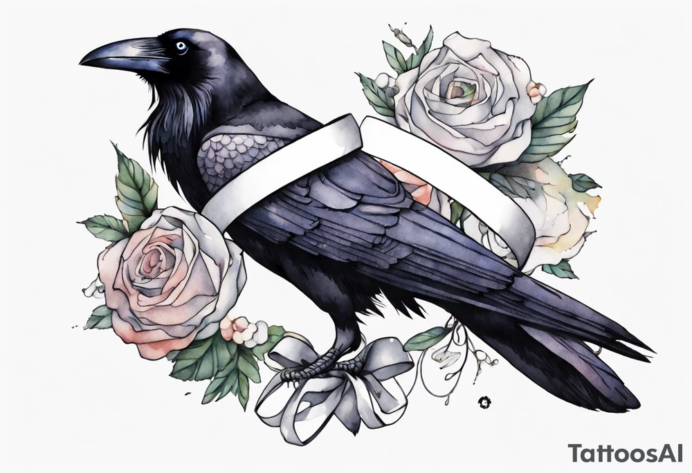 raven wearing a white ribbon bracelet tattoo idea