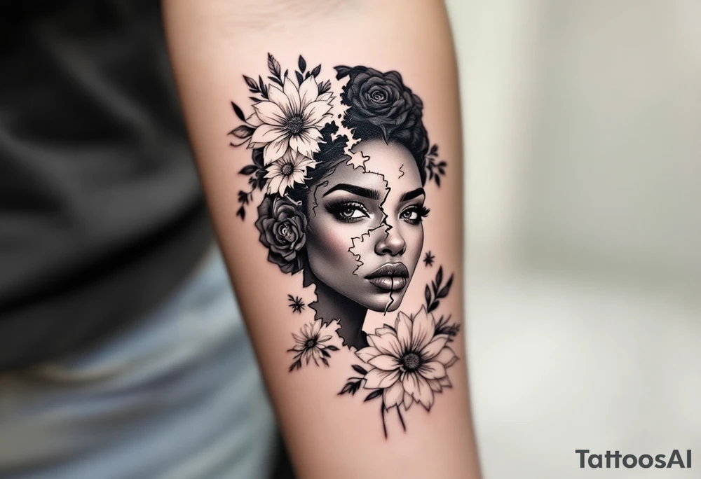 Broken black woman pieced back together surrounded by flowers tattoo idea