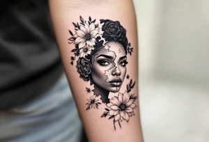 Broken black woman pieced back together surrounded by flowers tattoo idea