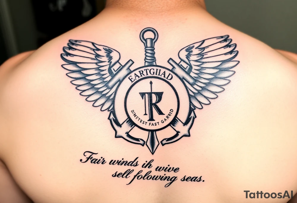Fair winds and following seas (scripture) below United States coast guard emblem being carried by angel wings ocean boat anchor tattoo idea