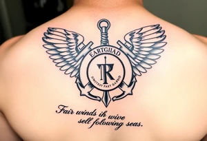 Fair winds and following seas (scripture) below United States coast guard emblem being carried by angel wings ocean boat anchor tattoo idea