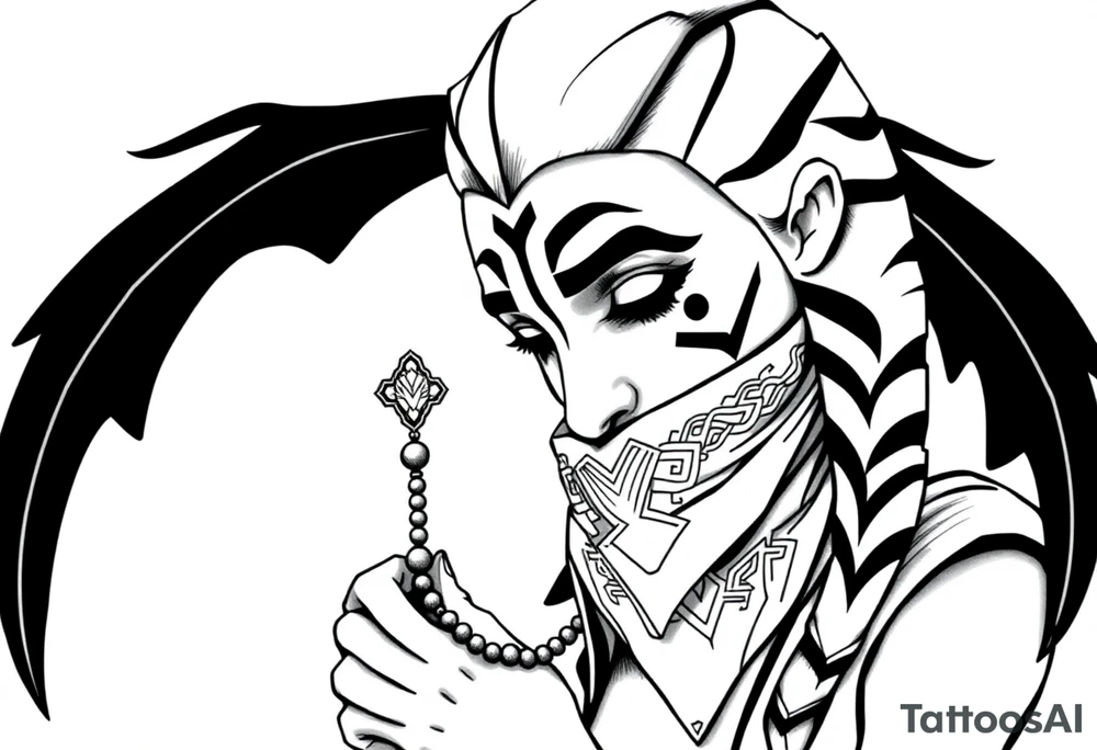 Ahsoka praying with rosary in hands and bandana over mouth tattoo idea