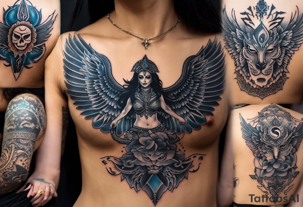 black kali, goddess pirate, alien, angel, pachamama, valkrye, warrior, flying, skull, lotus azul, wing, eagle, zenza resonance, stars, 5D, anahata chakra, death, durga, riding on a tiger, flying lady, kundalini, chest tatoo tattoo idea