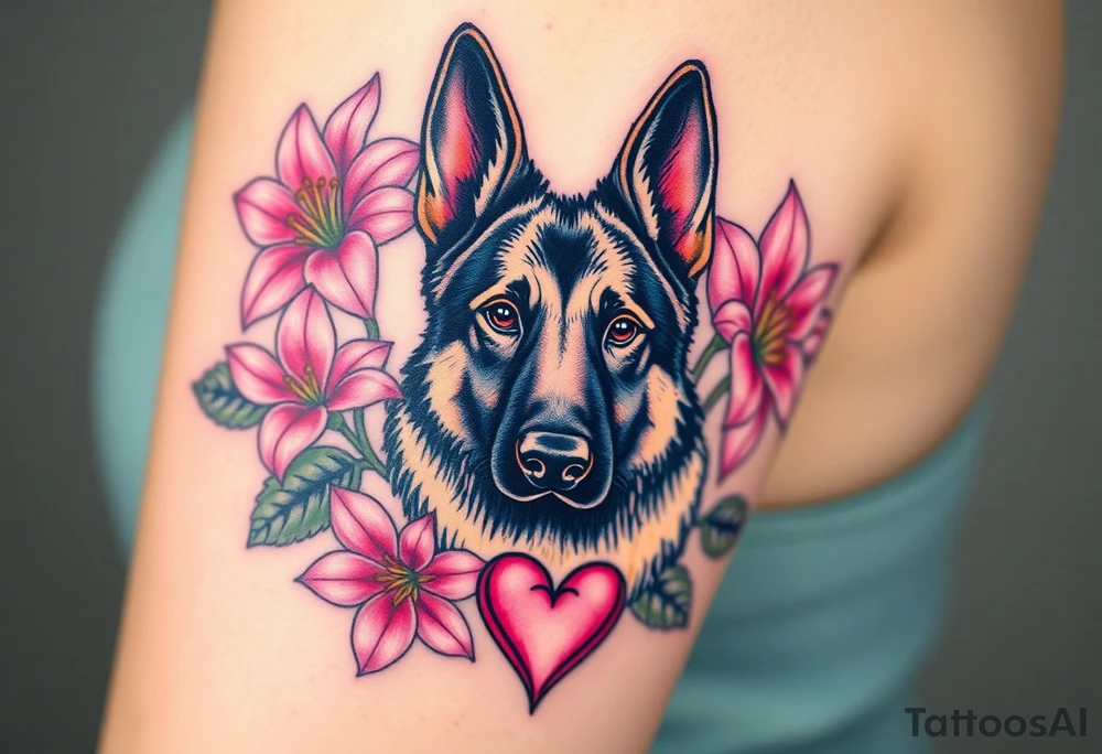 strong short haired german shepherd with alert ears surrounded by pink lilies with large leaves with a small sacred heart below tattoo idea