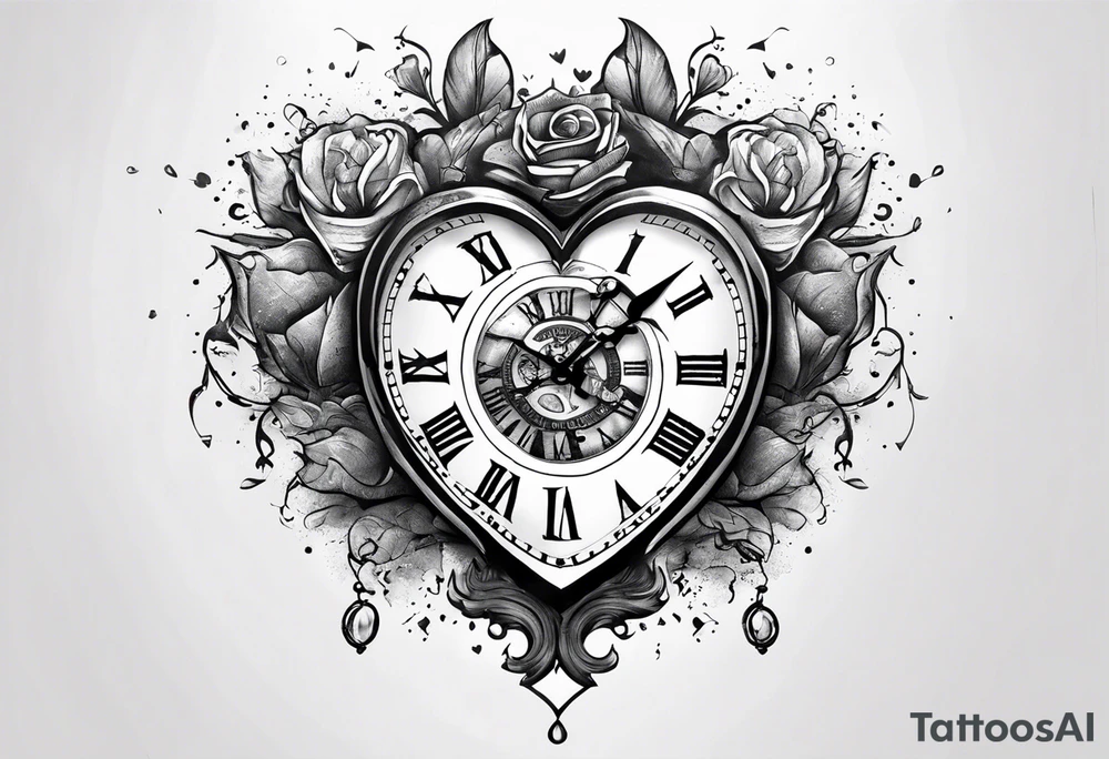 broken heart with clock in middle.
Clock hands on 8 and 5.
Never Say Never written on tattoo tattoo idea