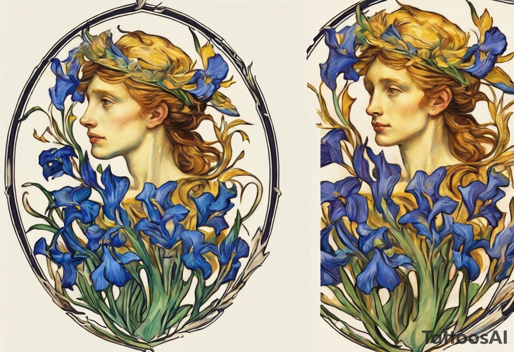 Create a colorful Vincent van Gogh Irises tattoo with Athena's shield and spear. The tattoo should take the form of a crescent, with vines gracefully intertwining at a central point in the middle of the wreath.  The intended placement is on the upper chest. The overall design should be small in size while maintaining a delicate and artistic aesthetic. Pay attention to the graceful flow of the vines and the placement of the irises to achieve a refined and elegant look. tattoo idea