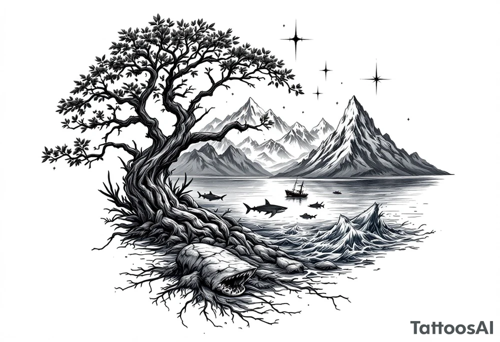 tattoo that has an acacia tree with mountains, ocean with a ship wreck with sharks and the northern star tattoo idea