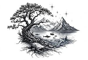 tattoo that has an acacia tree with mountains, ocean with a ship wreck with sharks and the northern star tattoo idea