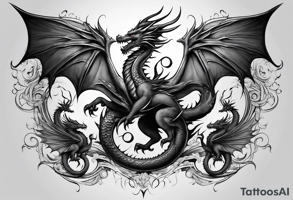 Family of five dragons with wings spread tattoo idea
