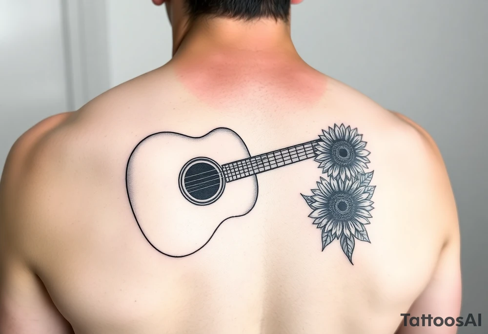 Acoustic guitar with  sunflower on bottom right corner tattoo idea