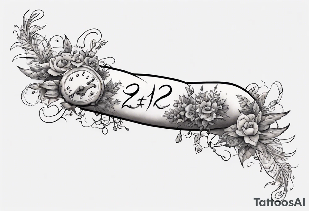 a forearm tattoo with a cloud with little plants and underneath it the date 12.08.05 tattoo idea