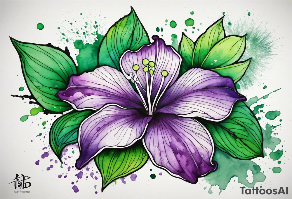 A mystical outline of a green and purple rio dipladenia flower and a green and purple watercolor splash in the background tattoo idea