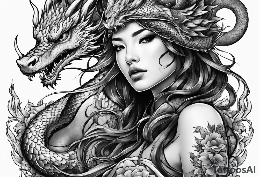 large warrior nymph with dragon tattoo idea
