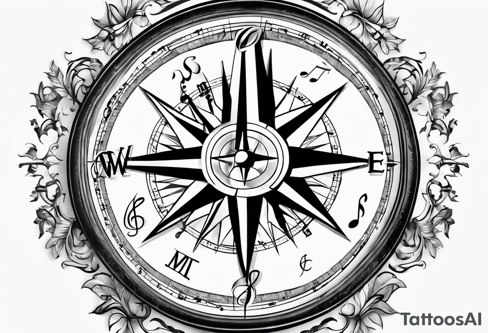 Sol key compass with music note tattoo idea