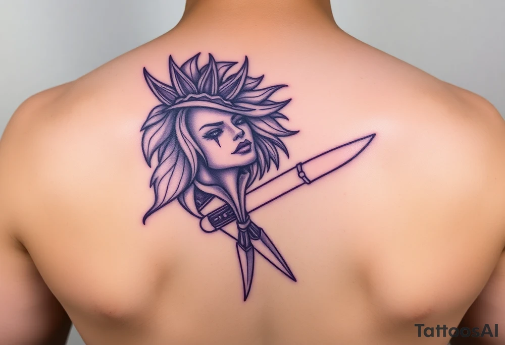 carabela con corona y con un cuchillo atrvesado, purple tattoo idea
