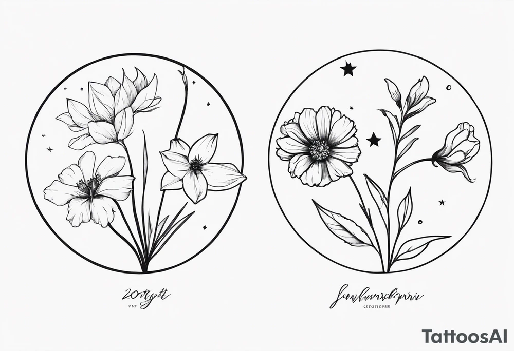 zodiac constellation two Sagittarius, one Capricorn one Gemini, with two november birth flower, january birth flower, june birth flower tattoo idea