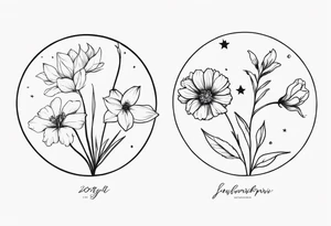 zodiac constellation two Sagittarius, one Capricorn one Gemini, with two november birth flower, january birth flower, june birth flower tattoo idea