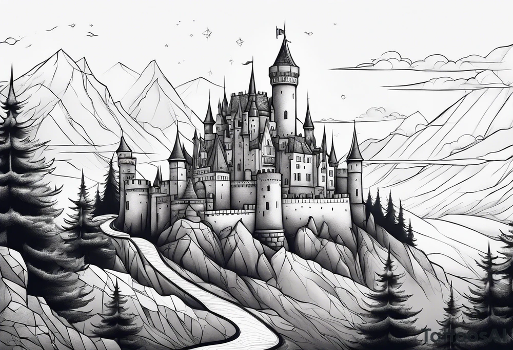 Blackwork castle in fantasy landscape tattoo idea