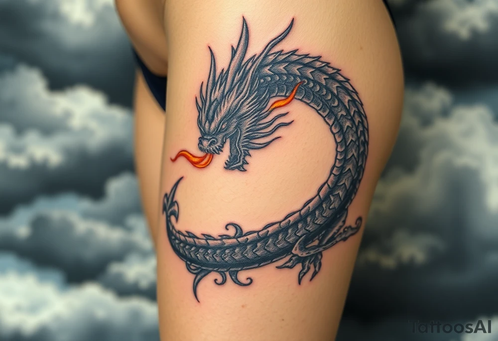 fierce dragon breathing iridescent fire against stormy skies tattoo idea