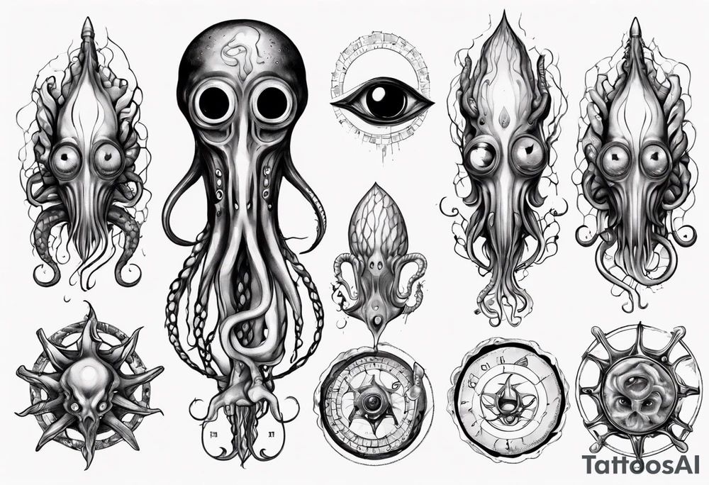 lovecraft theme with tentacle+++ and eyes for forearms tattoo idea
