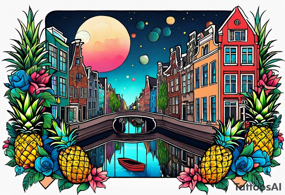 animals and pineapples feauturing Amsterdam houses and canal in universe and galaxy colours tattoo idea