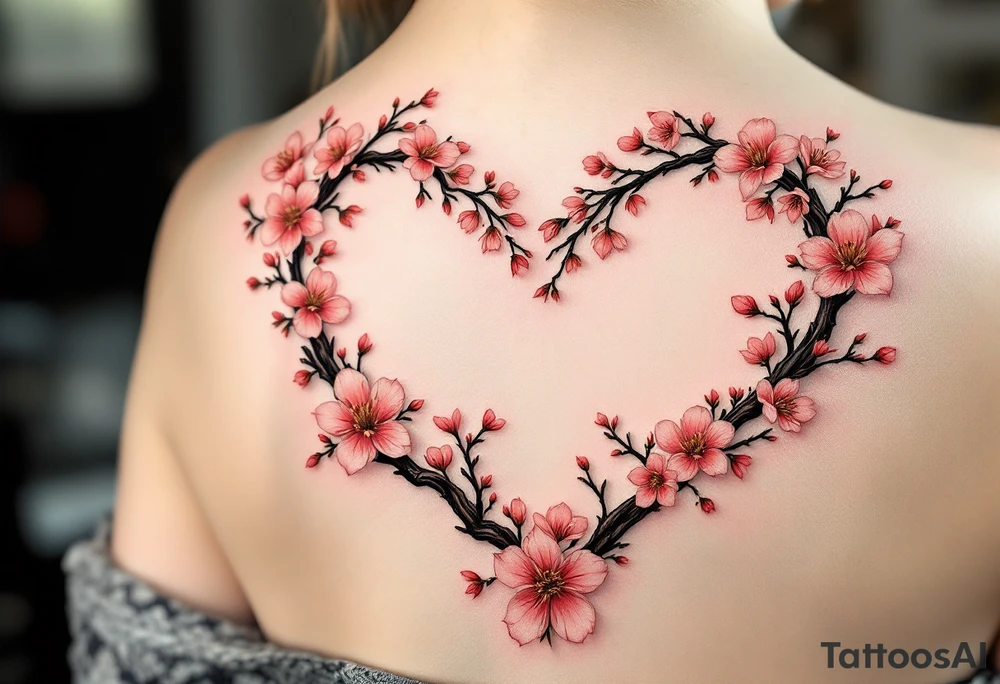 Cherry Blossom Heart Frame – Blossoms forming the shape of a heart, flowers in baby pink and coral, branches in dark brown, representing love and renewal. tattoo idea