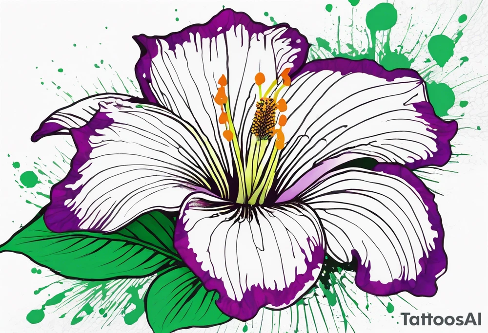 An outline of a rio dipladenia flower with a green and purple watercolor splash in the background tattoo idea