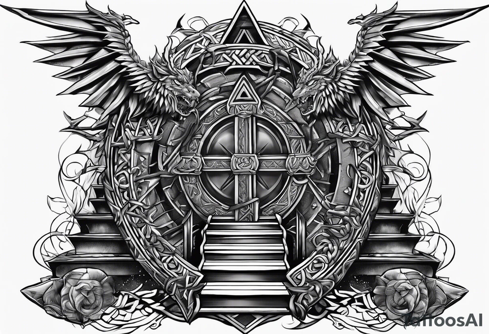 Valhalla sword shield dragon axe stairs Valknut barbed wire chains valknut fire tattoo idea Valhalla sword shield dragon axe stairs Valknut barbed wire chains valknut fire tattoo idea