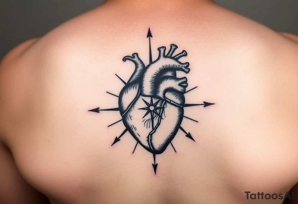 woodcut realistic heart etching tattoo high detail anatomy with lines coming off of it like a nautical compass tattoo idea