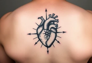 woodcut realistic heart etching tattoo high detail anatomy with lines coming off of it like a nautical compass tattoo idea