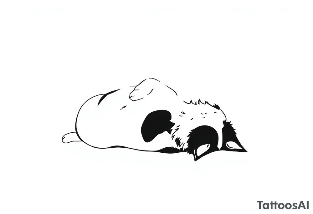 An illustration of a Border Collie tattoo in a minimalist feminine style. The design is elegant and delicate, created with a single continuous line, depicting the dog lying on its back, capturing the grace and character of the breed. tattoo idea
