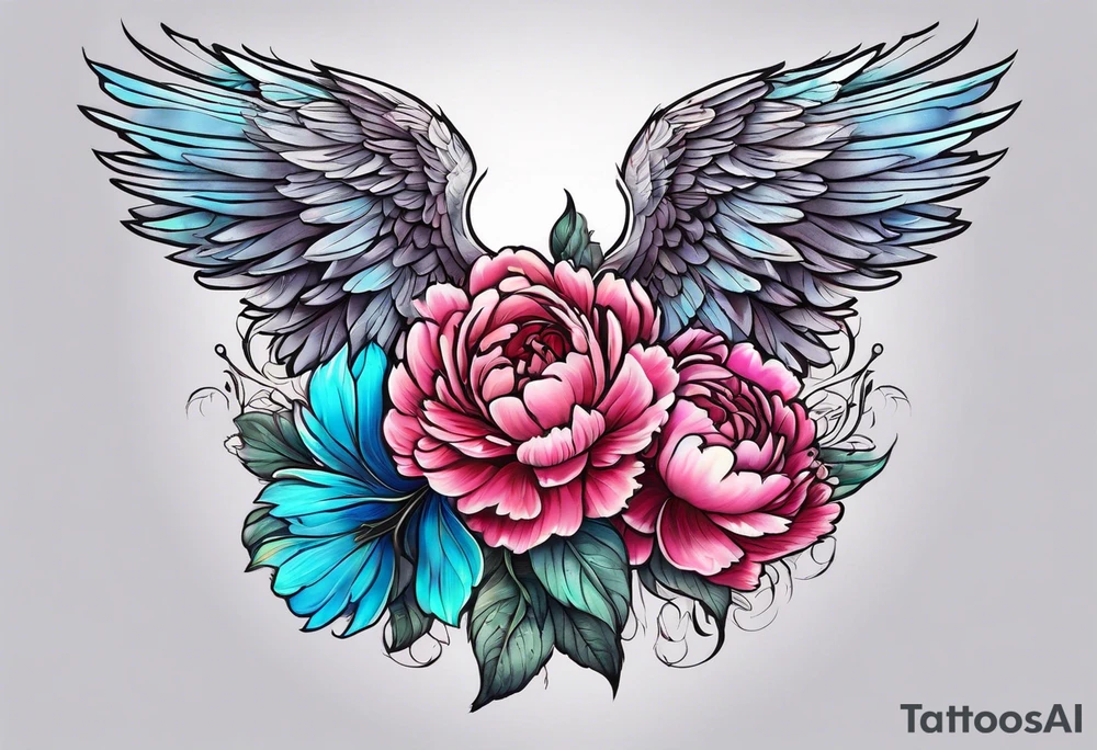 beautiful angel wings with floral peonies, roses, neon, brightly colored. highly detailed, tattoo idea