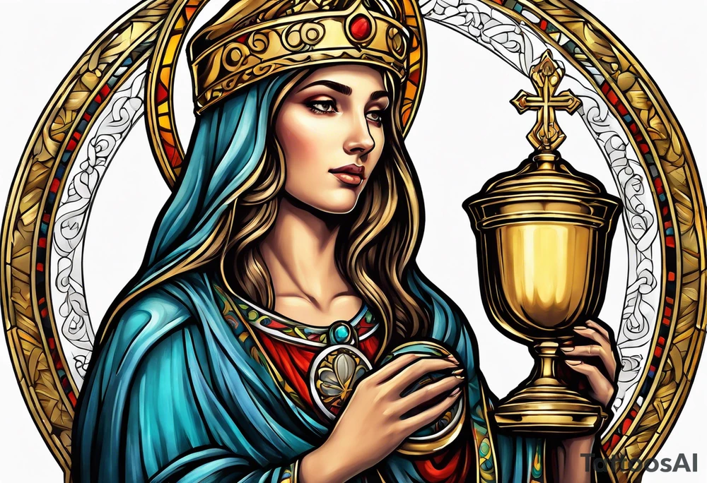 holy saint woman turned away with golden halo holding a chalice tattoo idea