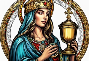 holy saint woman turned away with golden halo holding a chalice tattoo idea