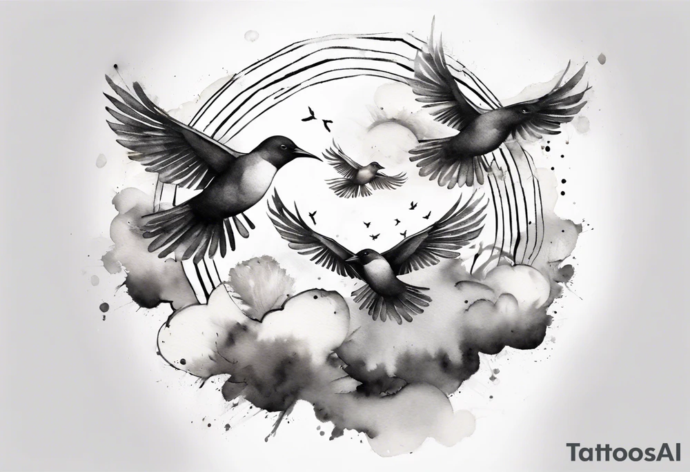 shoulder tattoo with light rays with birds flying free among the clouds, round shape, 3d effect tattoo idea shoulder tattoo with light rays with birds flying free among the clouds, round shape, 3d effect tattoo idea