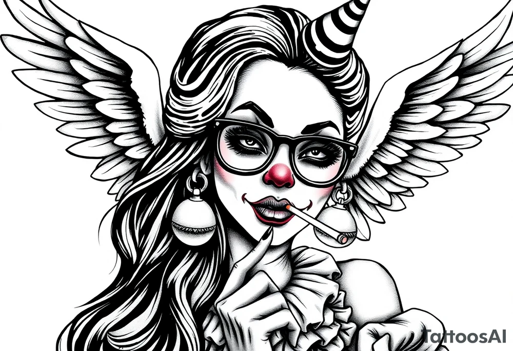 beautiful long hair pin up Clown Girl pays thug eyeglasses  angelic wings smoking a cigarette tattoo idea