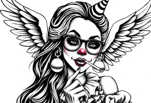 beautiful long hair pin up Clown Girl pays thug eyeglasses  angelic wings smoking a cigarette tattoo idea