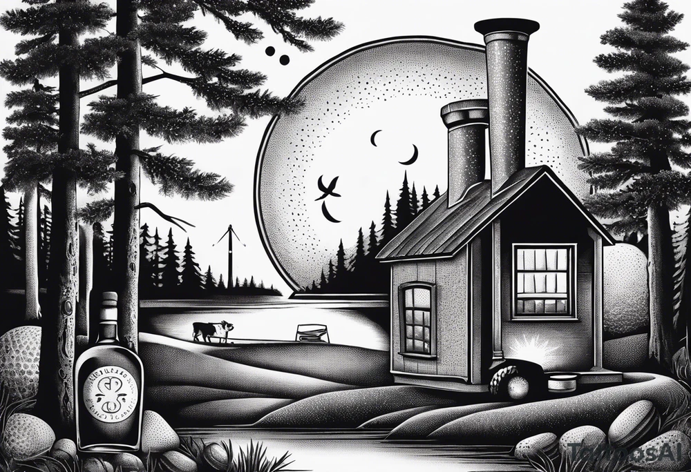 cross with whiskey glass, golf club, camp fire and cabin in the quandrants tattoo idea