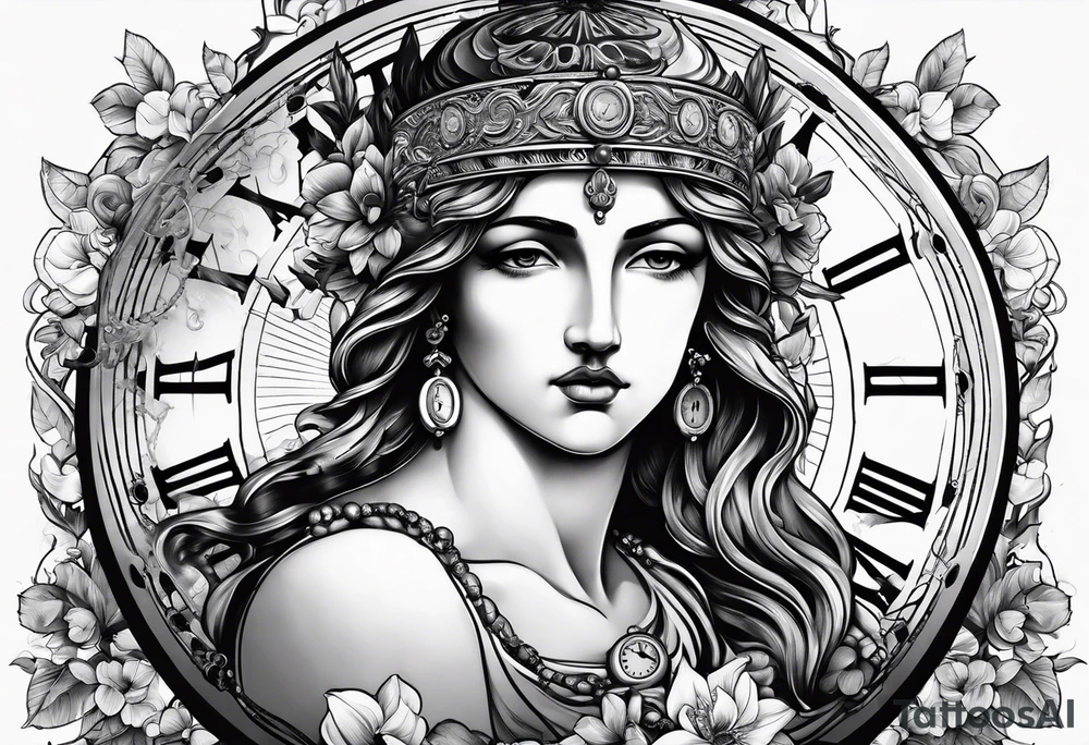 Greek god, clock, rosary tattoo idea