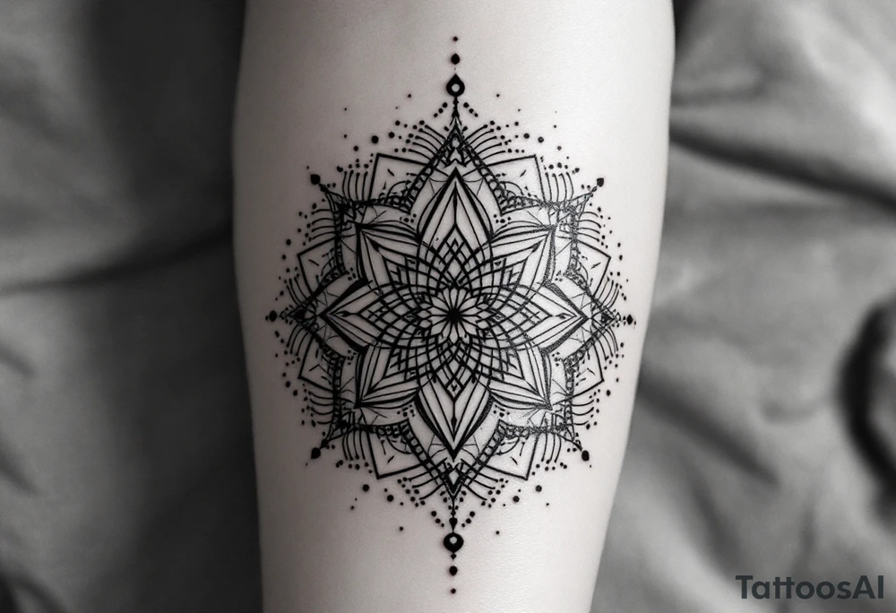 simple, minimalist tattoo, sacred geometry mandala, centerpiece design, dotwork patterns, radiating geometry, symmetrical mandala, geometric shapes, intricate dotwork, sacred patterns, mandala center, geometric radiating, fine line work, black grey shading, minimalist design, no outlines, arm placement, delicate linework, precise geometry, clean symmetry, sacred symbols, geometric precision, dotwork details, mandala focal point, refined patterns, understated complexity, geometric harmony, minimalist tattoo idea