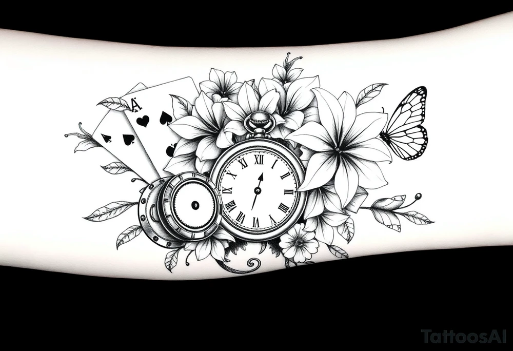 Casino only theme , poker chips deck of cards dice a pocket watch
 with lily flowers
 with raindrop swirls and butterfly’s tattoo idea
